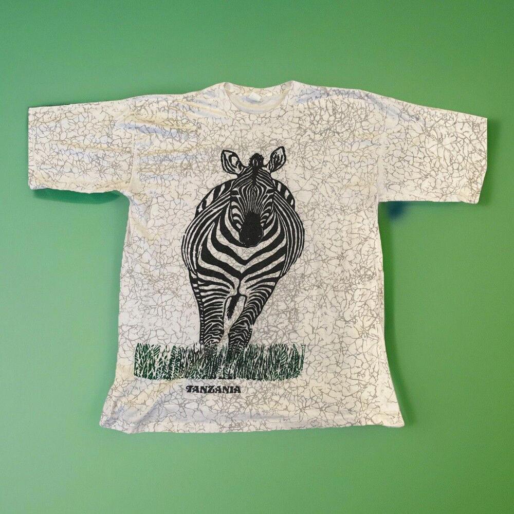 Vintage 1990s All Over Print Zebra Tanzania Single Stitched Medium Animal Shirt